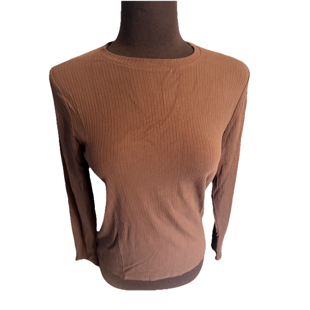 Round Neck Ribbed Knit Everyday Layering Rayon Top Dark Brown Size M